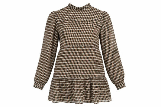 Front view of Mango women’s brown geometric polyester fit & flare, size UK 8, mock neck button
