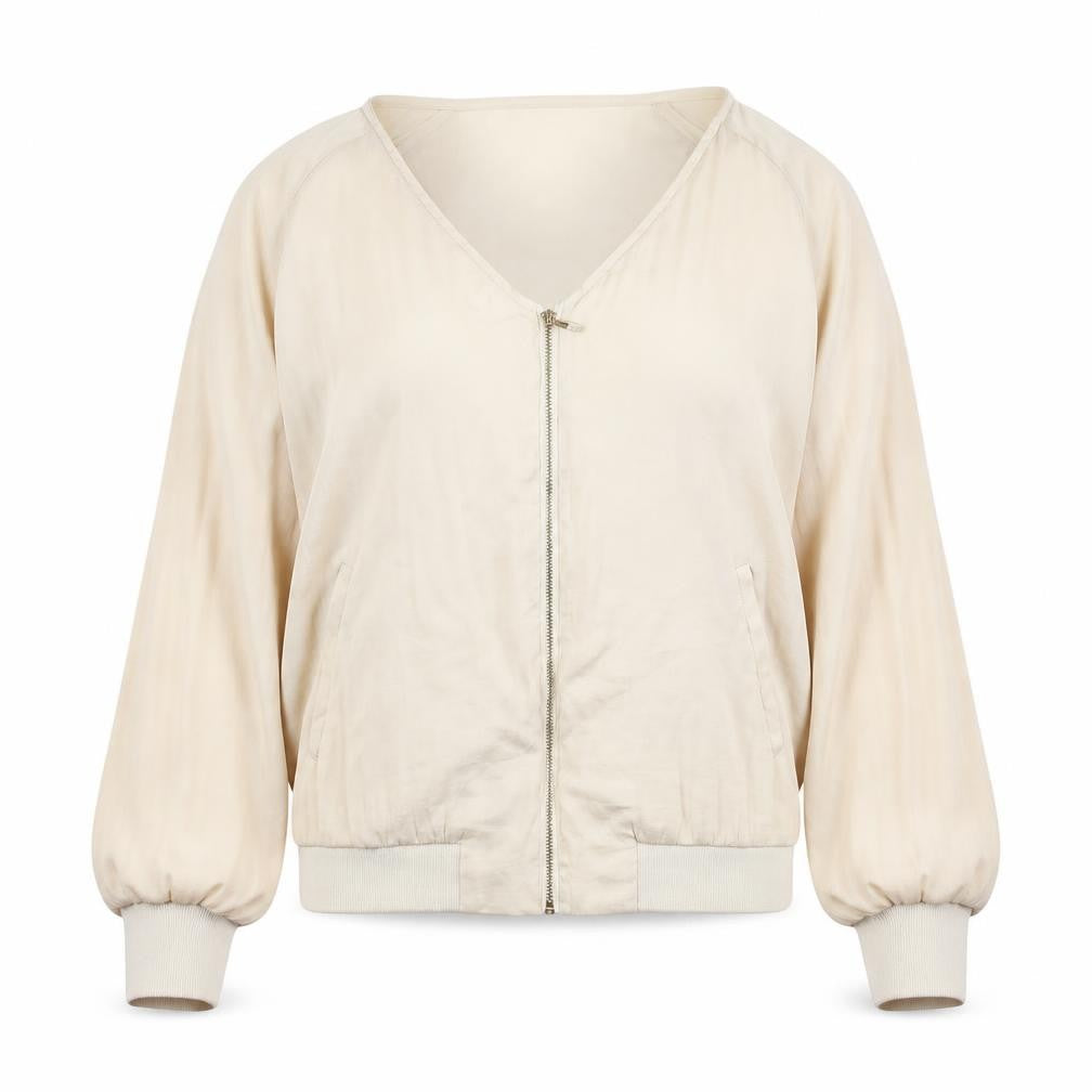 Front view of VILA women’s beige polyester full zip sweatshirt, size S, zip