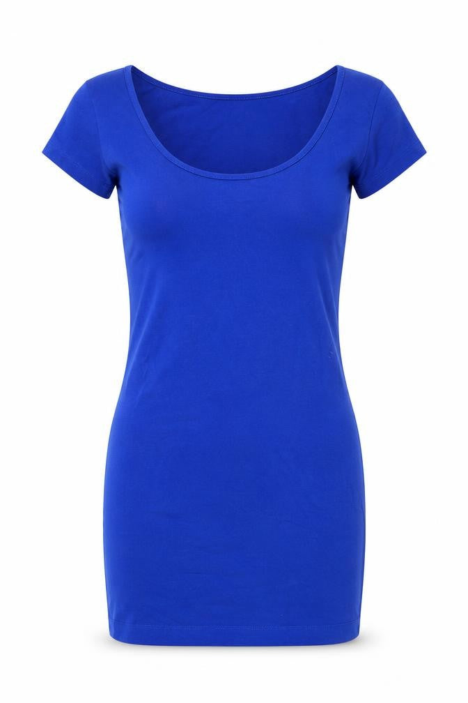 Front view of H&M women’s blue cotton mini, size XS, scoop neck pullover