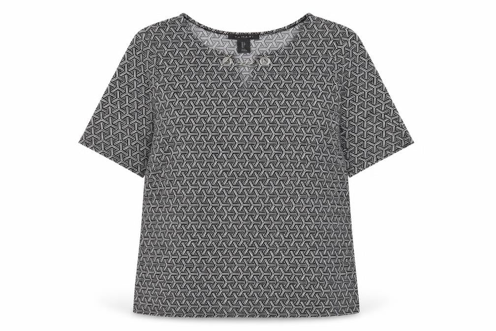 Front view of Tahari women’s black geometric polyester basic t-shirt, size S, round neck