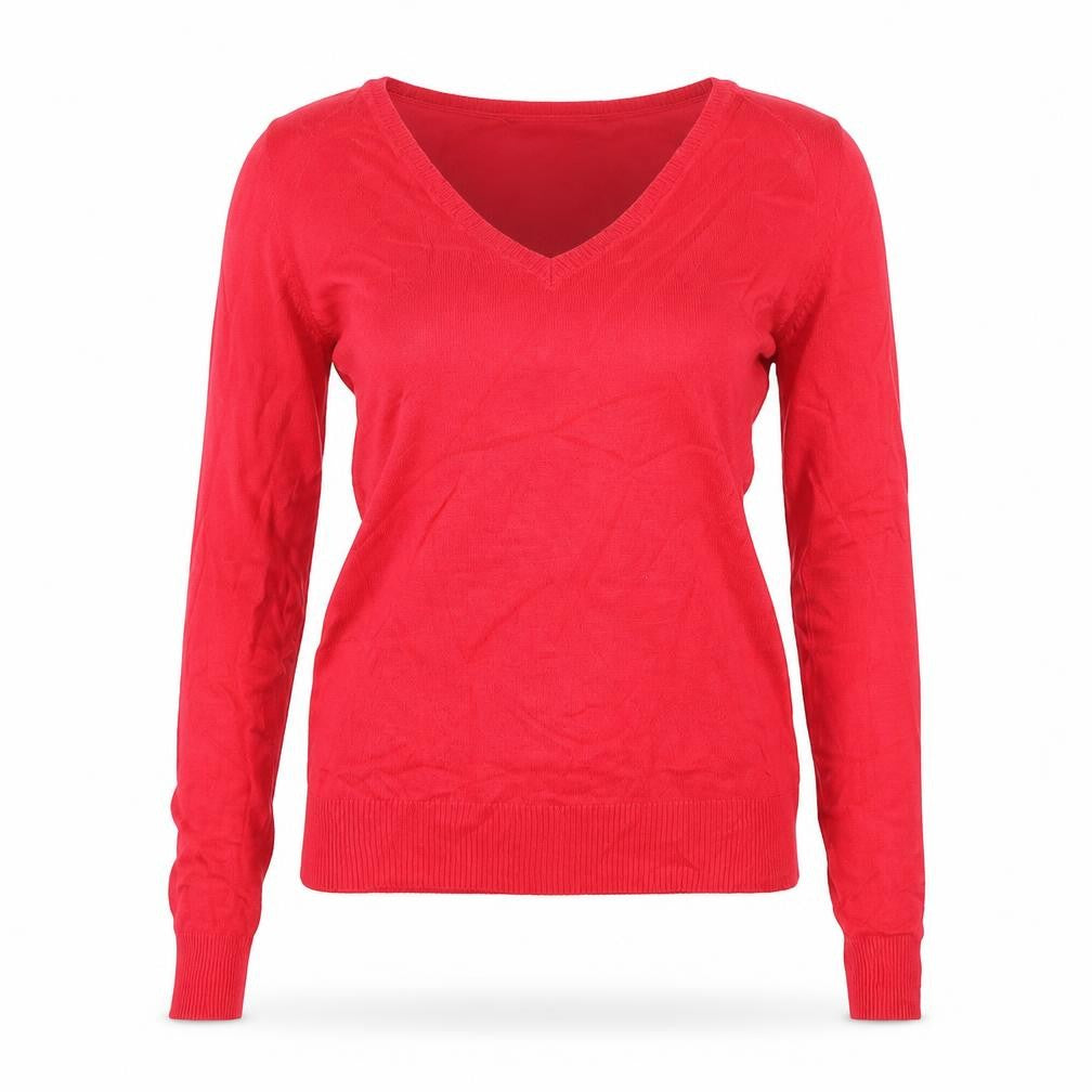 Front view of Sfera Casual women’s red v-neck acrylic jumper, size XS