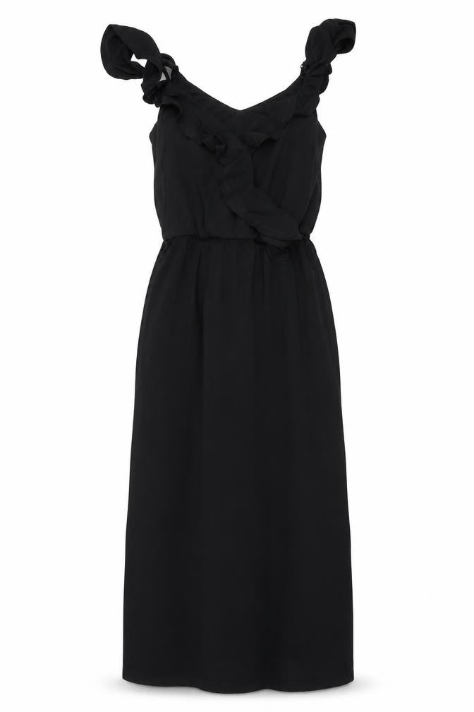 Front view of Oasis women’s black polyester tank dress, size XS, v-neck pullover