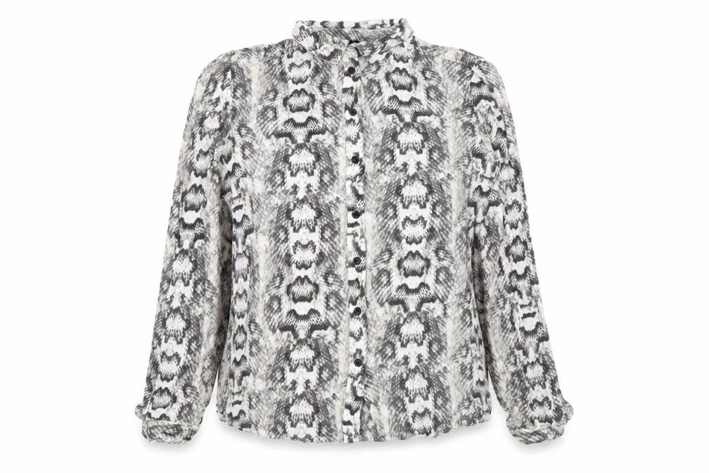 Front view of H&M women’s grey animal print viscose basic button-up, size S, collared - snake pattern