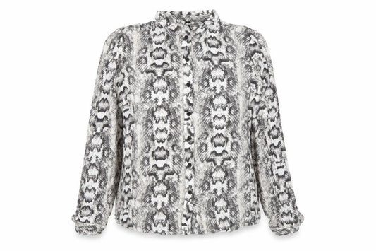 Front view of H&M women’s grey animal print viscose basic button-up, size S, collared - snake pattern