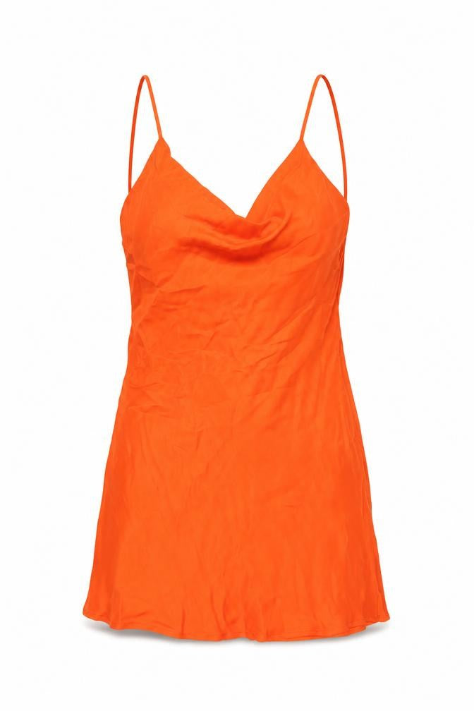 Front view of Zara women’s orange polyester mini, size XS, cowl neck zip
