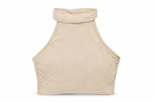 Front view of PRETTYLITTLETHING women’s beige polyester cropped tank, size UK 6, halter