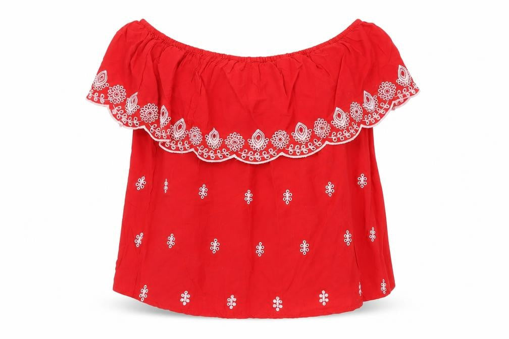 Front view of Select women’s red geometric viscose basic blouse, size UK 12, off the shoulder