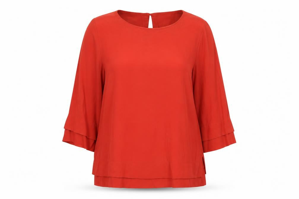 Front view of Monsoon women’s red viscose basic blouse, size UK 8, boat neck