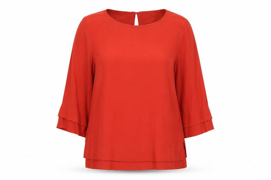 Front view of Monsoon women’s red viscose basic blouse, size UK 8, boat neck