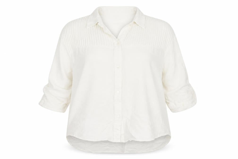 Front view of SHEIN women’s ivory viscose basic button-up, size L, collared