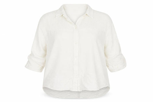 Front view of SHEIN women’s ivory viscose basic button-up, size L, collared