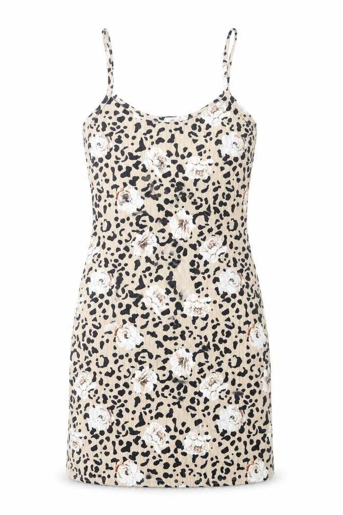 Front view of Quiz women’s brown geometric polyester bodycon, size UK 6, round neck pullover - floral leopard print