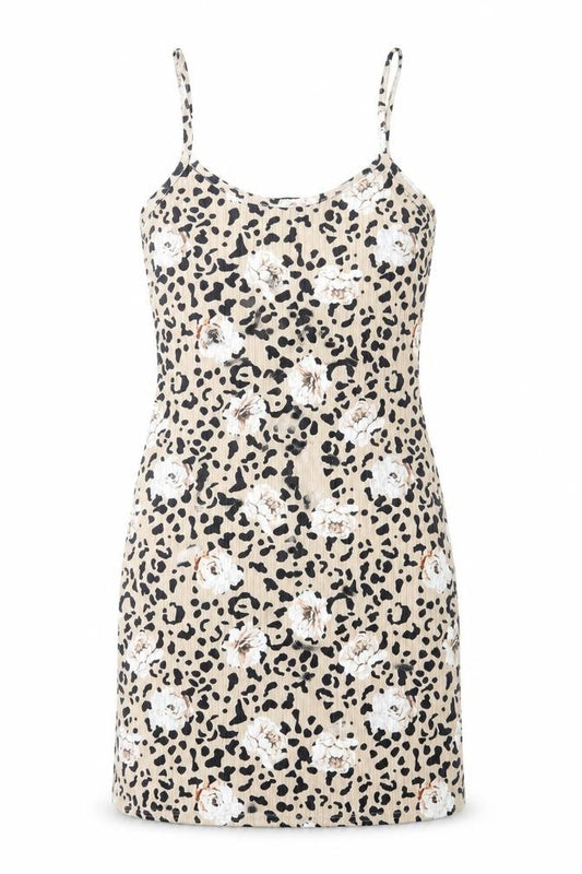 Front view of Quiz women’s brown geometric polyester bodycon, size UK 6, round neck pullover - floral leopard print