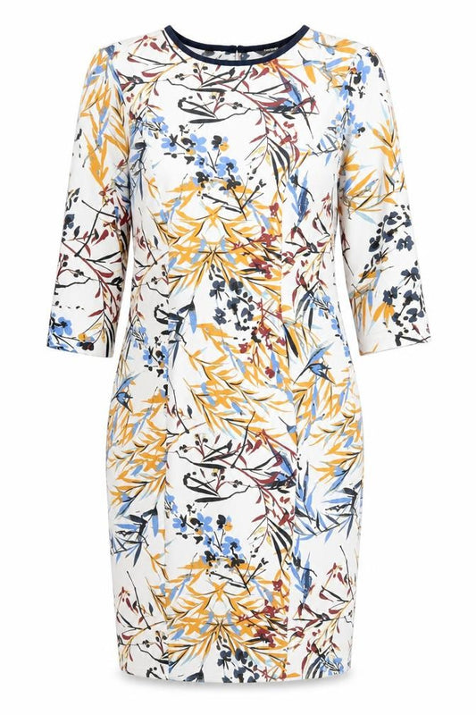 Front view of Autograph women’s multicoloured geometric polyester pencil dress, size UK 14, round neck zip