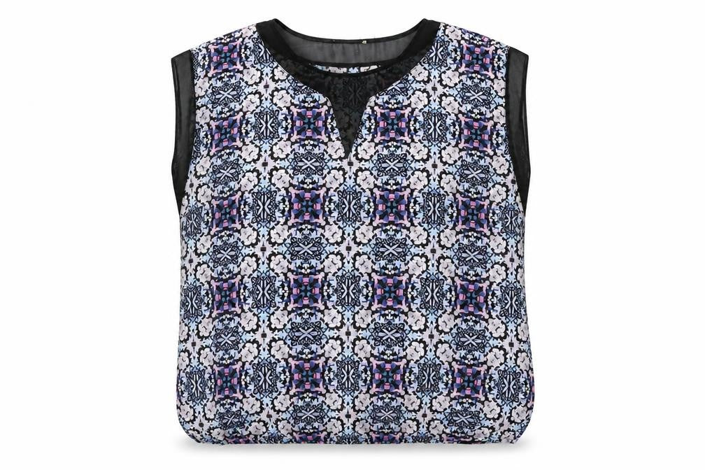 Front view of Matalan women’s blue floral polyester basic blouse, size UK 16, round neck