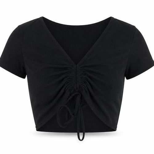 Boohoo Womens Black Polyester Cropped T-Shirt Size 6 V-Neck - Ruched