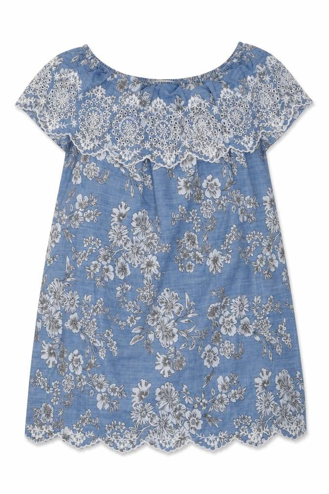 Front view of Tu women’s blue floral 100% cotton mini, size UK 8, off the shoulder pullover
