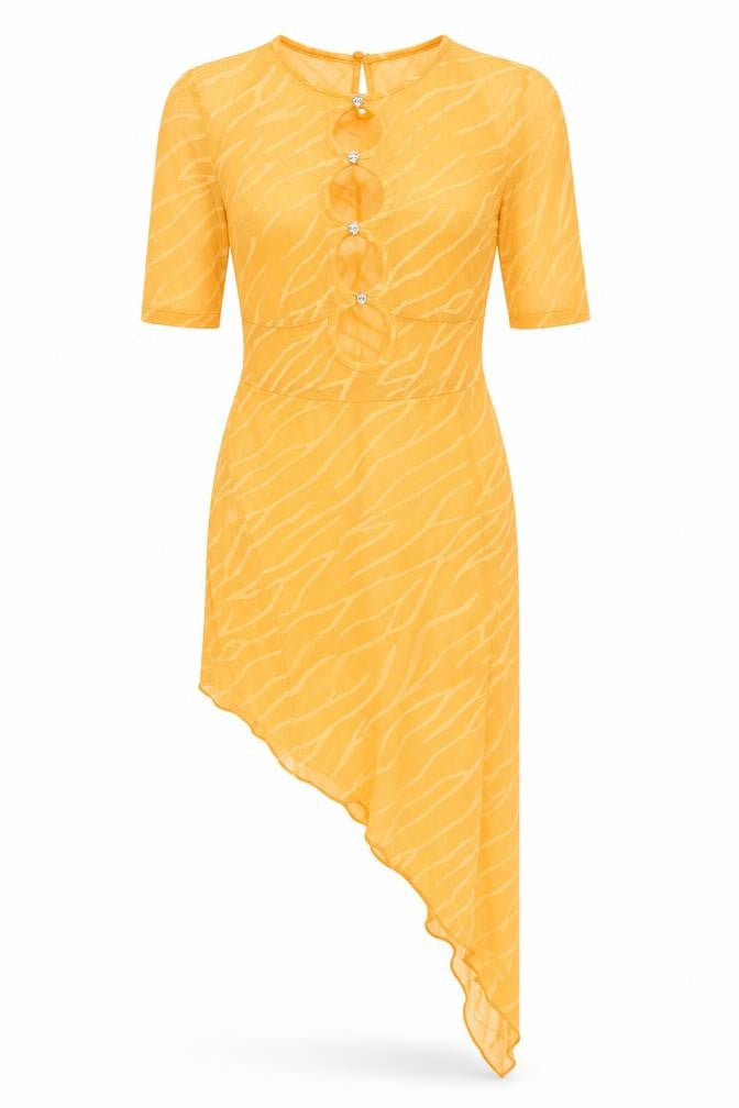 Front view of Eight Hour women’s orange geometric polyester mini, size UK 8, round neck pullover