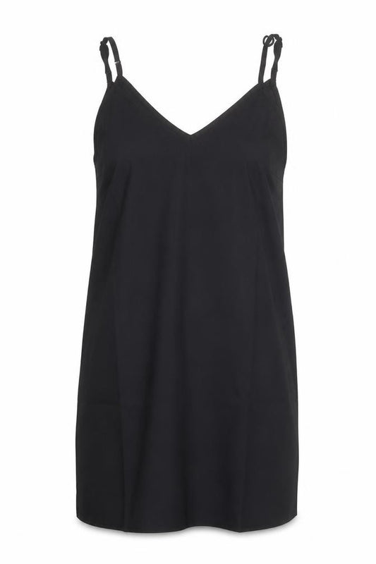 Front view of ASOS women’s black polyester basic tank, size UK 10, v-neck