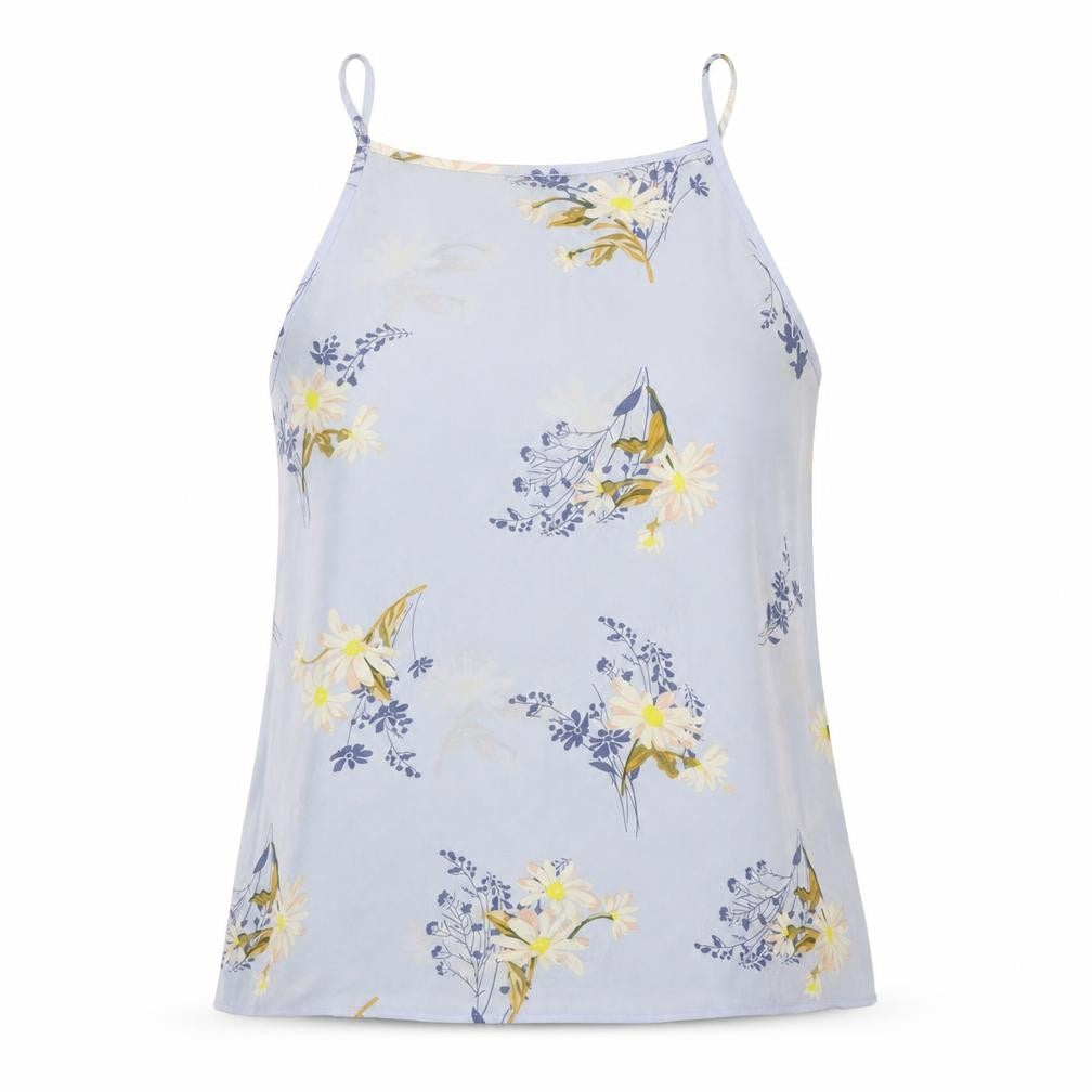 Front view of Warehouse women’s blue floral polyester basic tank, size UK 10, round neck