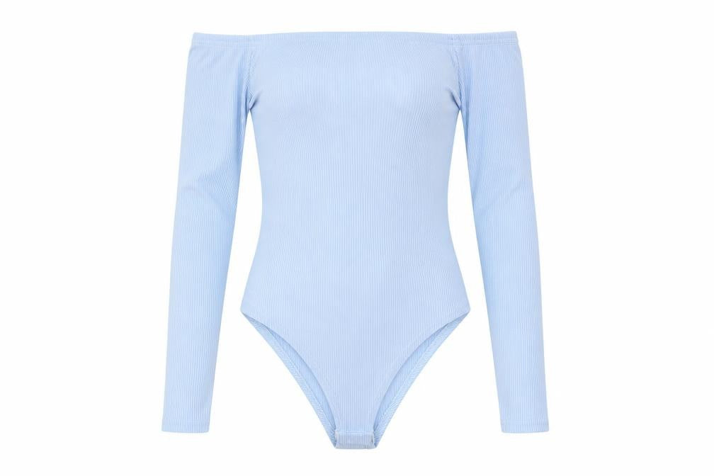 Front view of Boohoo women’s blue polyester bodysuit one-piece, size UK 6, snap