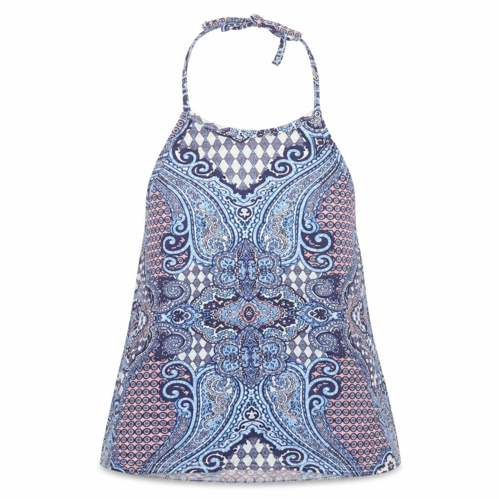 Front view of Boohoo women’s blue geometric polyester basic tank, size UK 6, halter