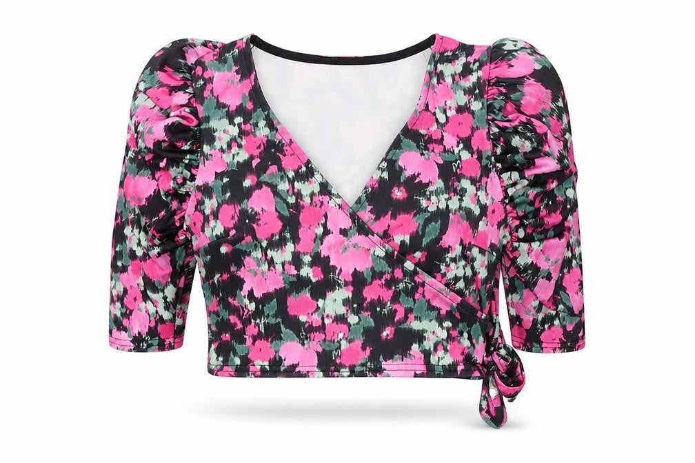 Front view of Urban Bliss women’s black geometric polyester cropped blouse, size UK 8, v-neck