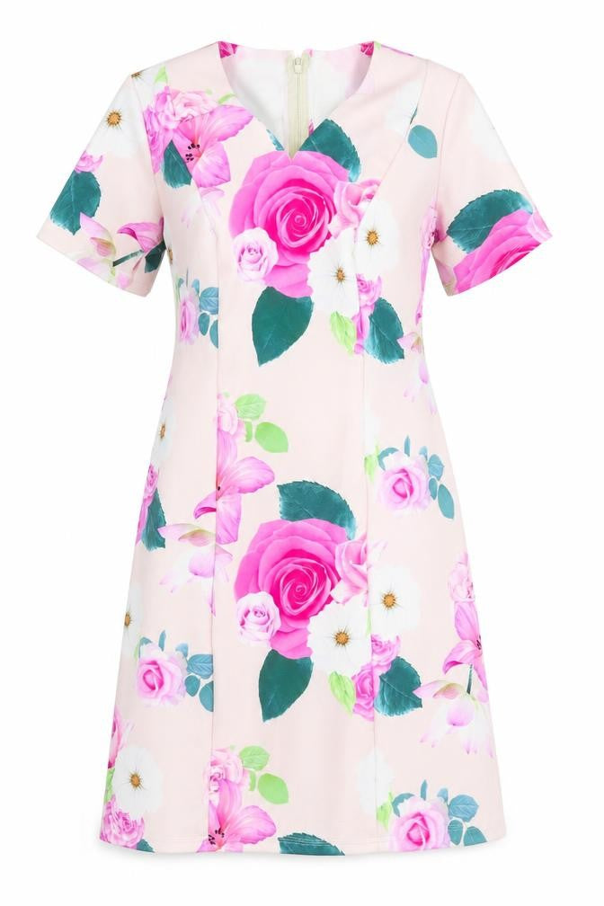 Preworn Womens Pink Floral Polyester A-Line Size M V-Neck Zip
