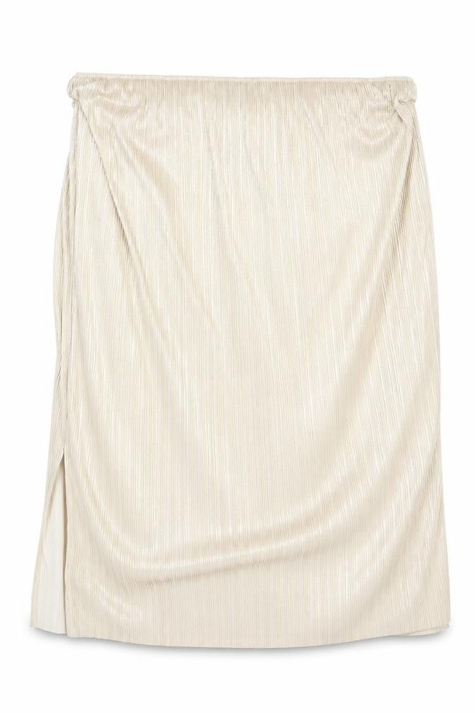 Front view of Preworn women’s gold polyester a-line skirt, size UK 6