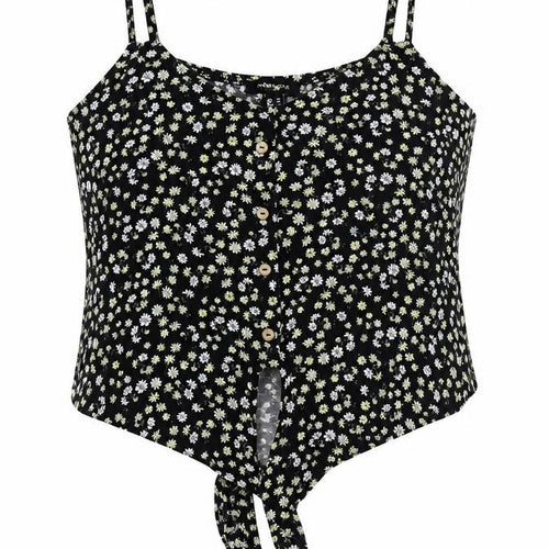 New Look Womens Black Floral Cotton Basic T-Shirt Size 14 Off the Shoulder - Tie Front