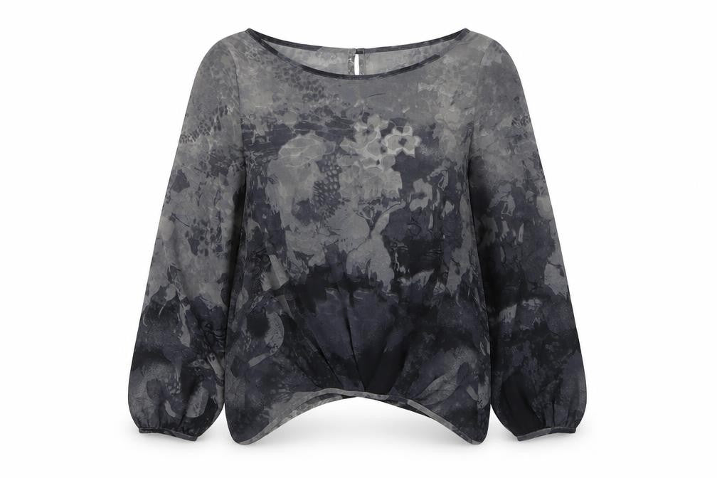Front view of Next women’s grey geometric polyester basic blouse, size UK 8, round neck