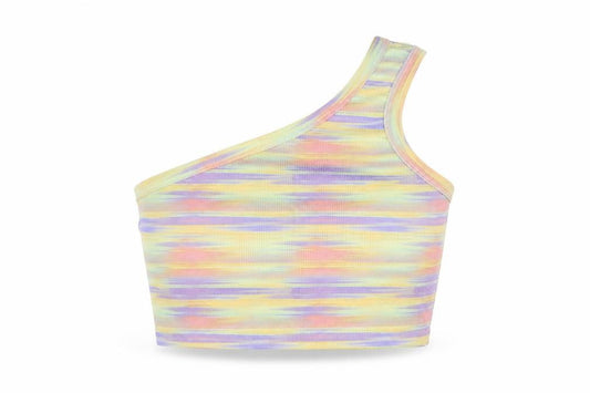 Front view of PRETTYLITTLETHING women’s multicoloured colourblock polyester cropped tank, size UK 10, one shoulder