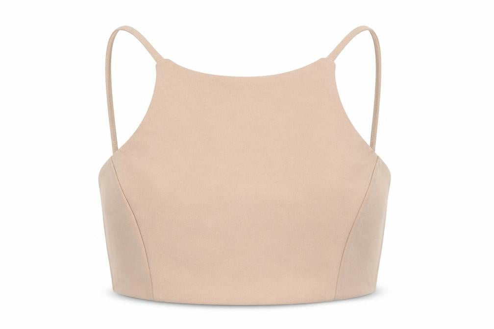 Front view of PINK women’s beige polyester cropped tank, size S, round neck