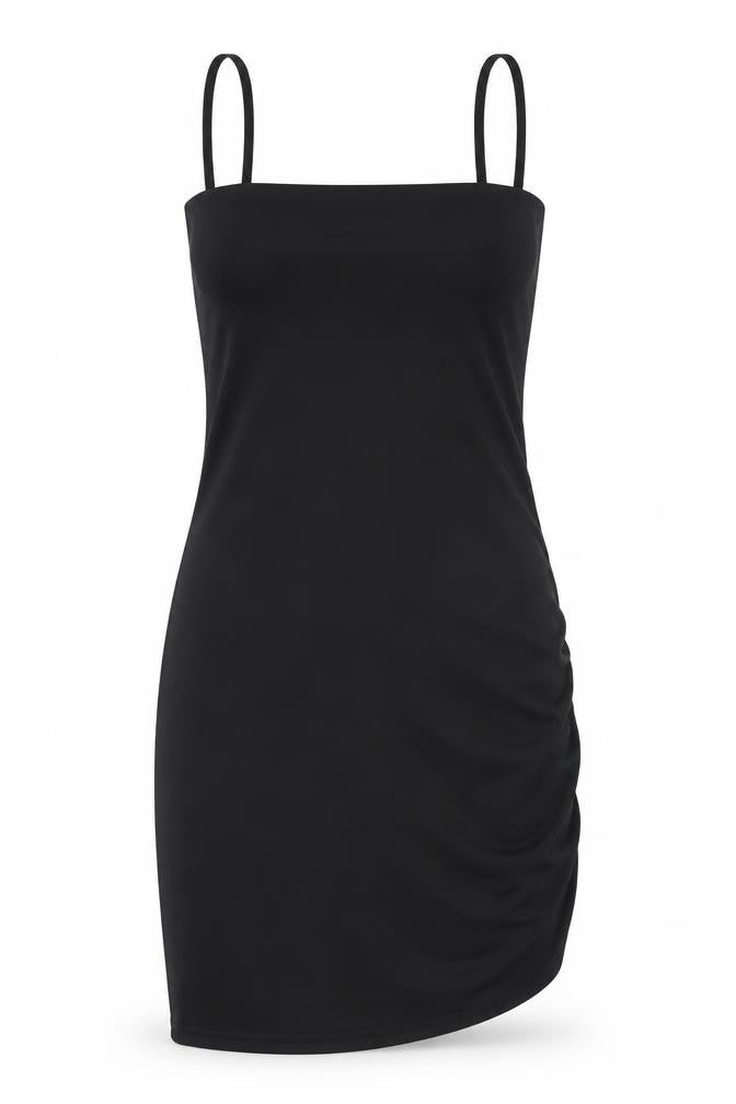 Front view of PRETTYLITTLETHING women’s black polyester tank dress, size UK 10, round neck