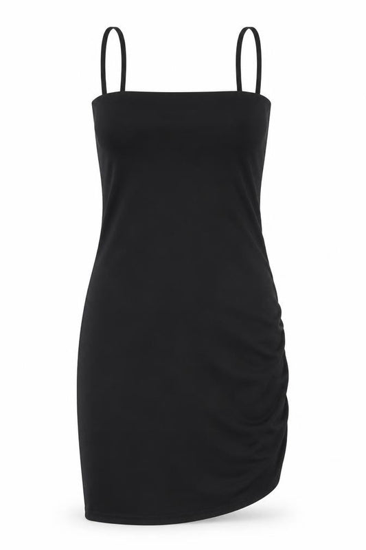 Front view of PRETTYLITTLETHING women’s black polyester tank dress, size UK 10, round neck