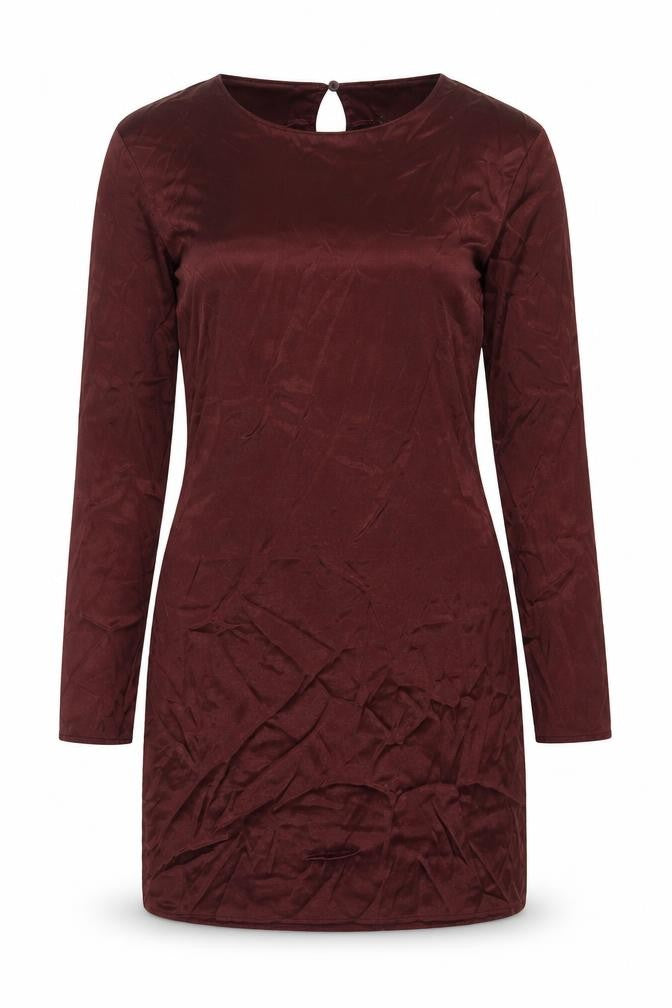 Front view of Zara women’s brown polyester mini, size M, round neck pullover - shoulder pads