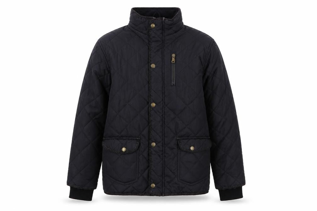 Front view of Rebel girls’ black quilted coat, size 12-13, years zip