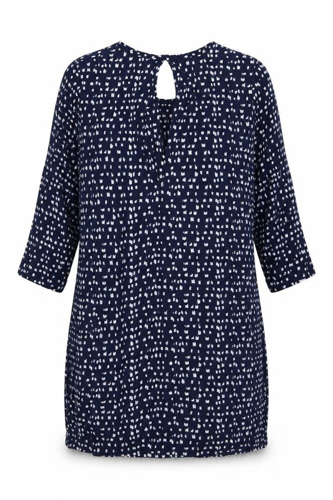 Front view of Glassons women’s blue geometric polyester shift, size UK 10, round neck pullover