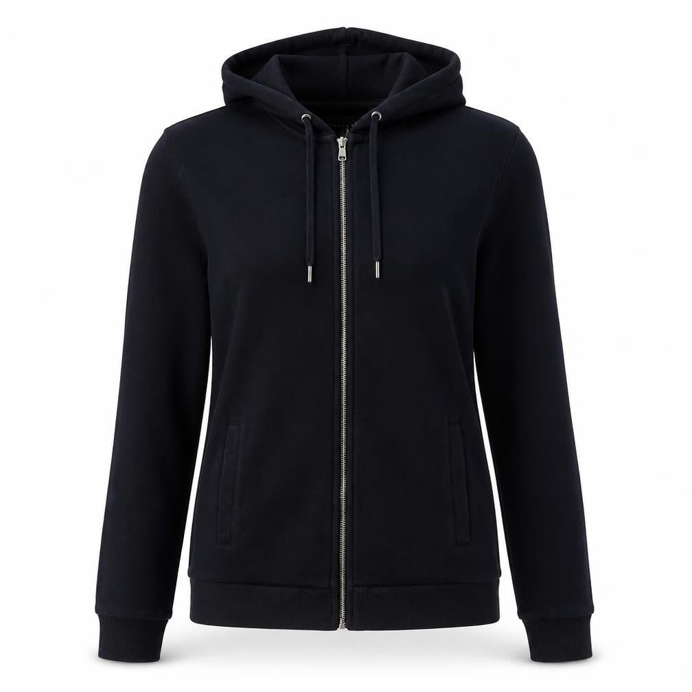 Front view of Zara women’s blue cotton full zip hoodie, size S, zip
