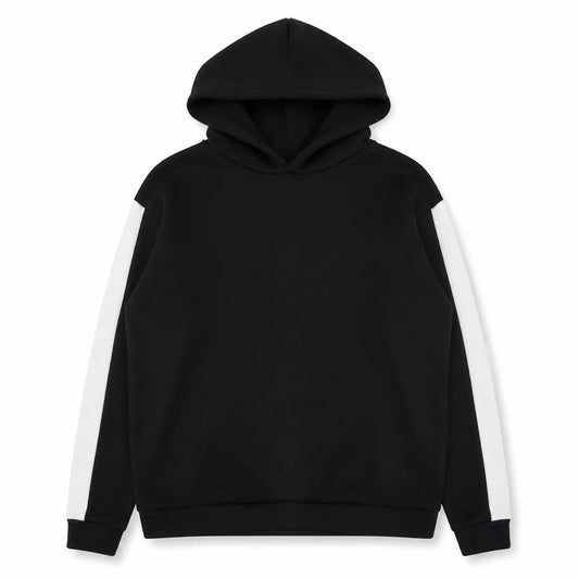 Front view of Boohoo women’s black polyester pullover hoodie, size UK 8, pullover