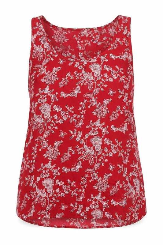 Front view of Atmosphere women’s red floral polyester basic tank, size UK 12, scoop neck