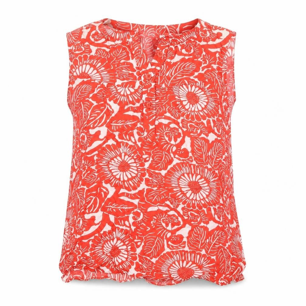 Front view of PIKO women’s red floral polyester basic blouse, size L, boat neck
