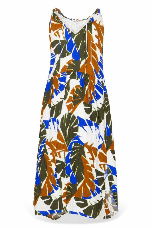 Front view of Tom Tailor women’s multicoloured geometric viscose maxi, size UK 10, v-neck pullover