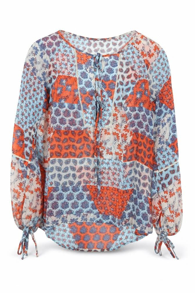 Front view of Papaya women’s multicoloured geometric polyester basic blouse, size UK 10, boat neck