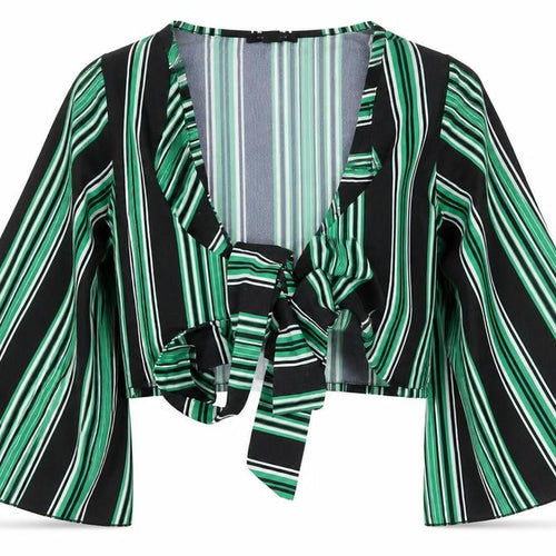 New Look Womens Green Striped Polyester Cropped Blouse Size 8 V-Neck
