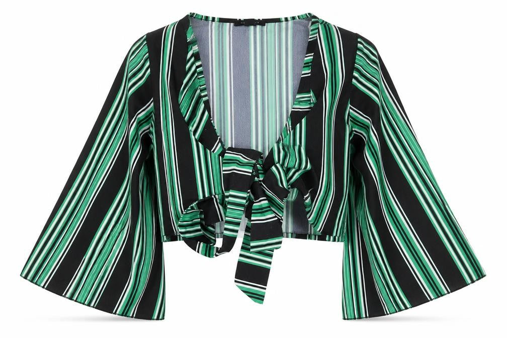 New Look Womens Green Striped Polyester Cropped Blouse Size 8 V-Neck