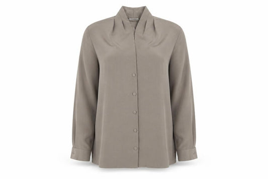 Front view of Reldan women’s grey polyester basic button-up, size UK 16, v-neck