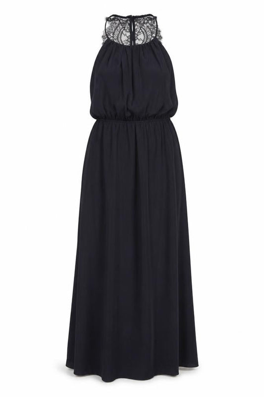 Front view of H&M women’s black polyester ball gown, size UK 12, boat neck button