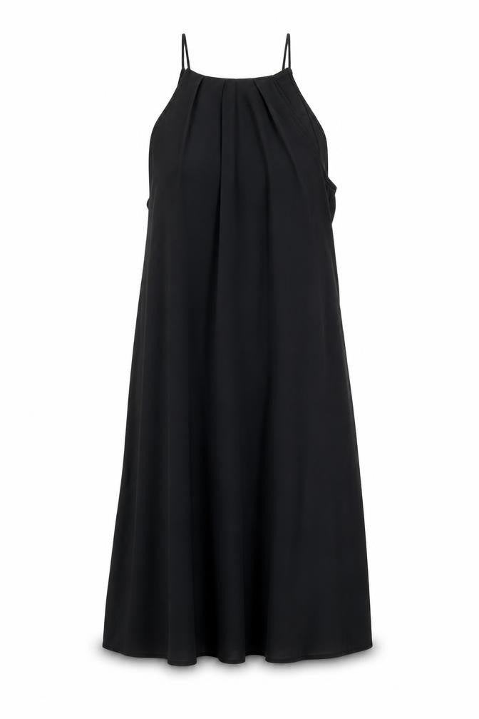 Front view of Boohoo women’s black polyester slip dress, size UK 10, mock neck button