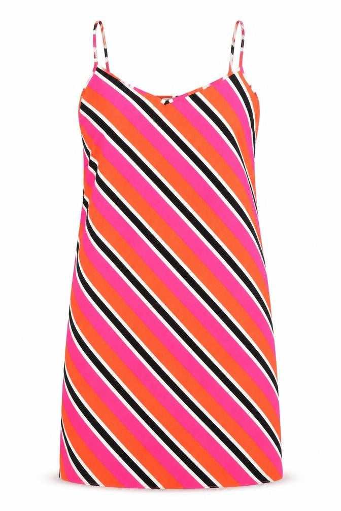 Front view of George women’s multicoloured striped polyester slip dress, size UK 10, v-neck pullover